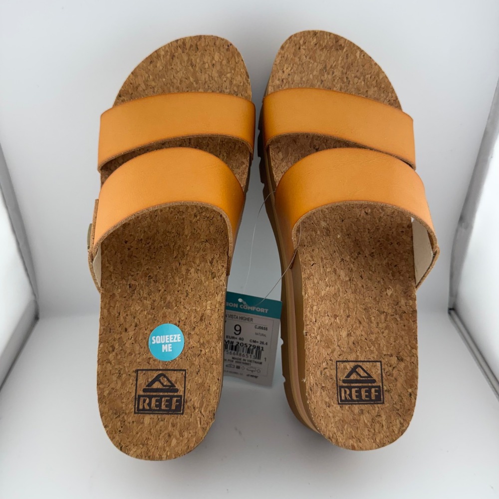 Reef Cushion Vista Higher Sandals Womens 9 Natural Orange NWT Platform Slides